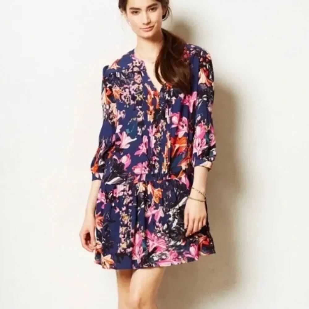 Like New! Anthropologie Maeve Caravane Tunic Dress Floral Quilted Navy in Size S